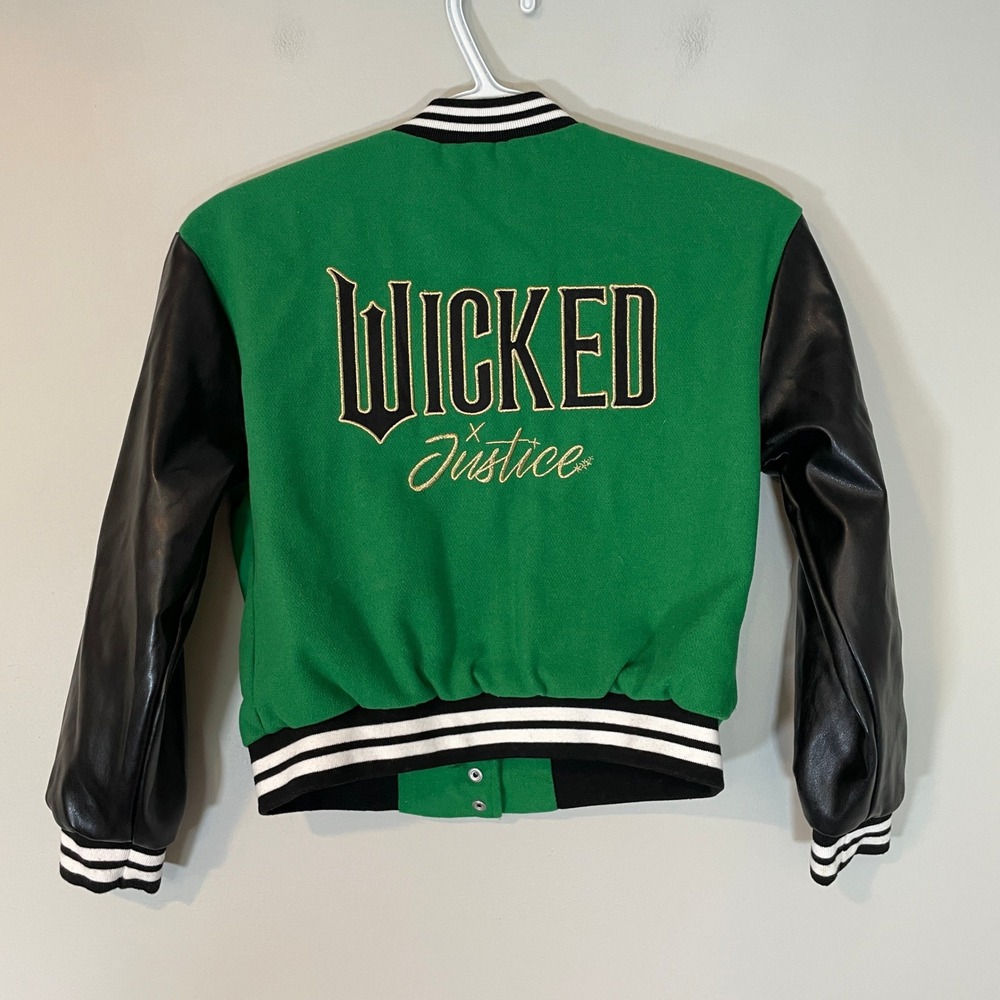 Justice x Wicked Green Black Varsity Letterman Jacket Kids Size S 7/8 Bomber